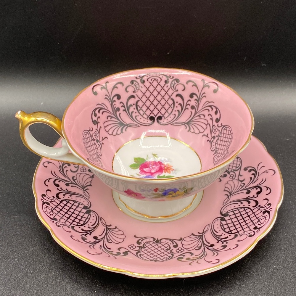 Royal Bayrueth footed Teacup & Saucer pink porcelain with black & gold accents